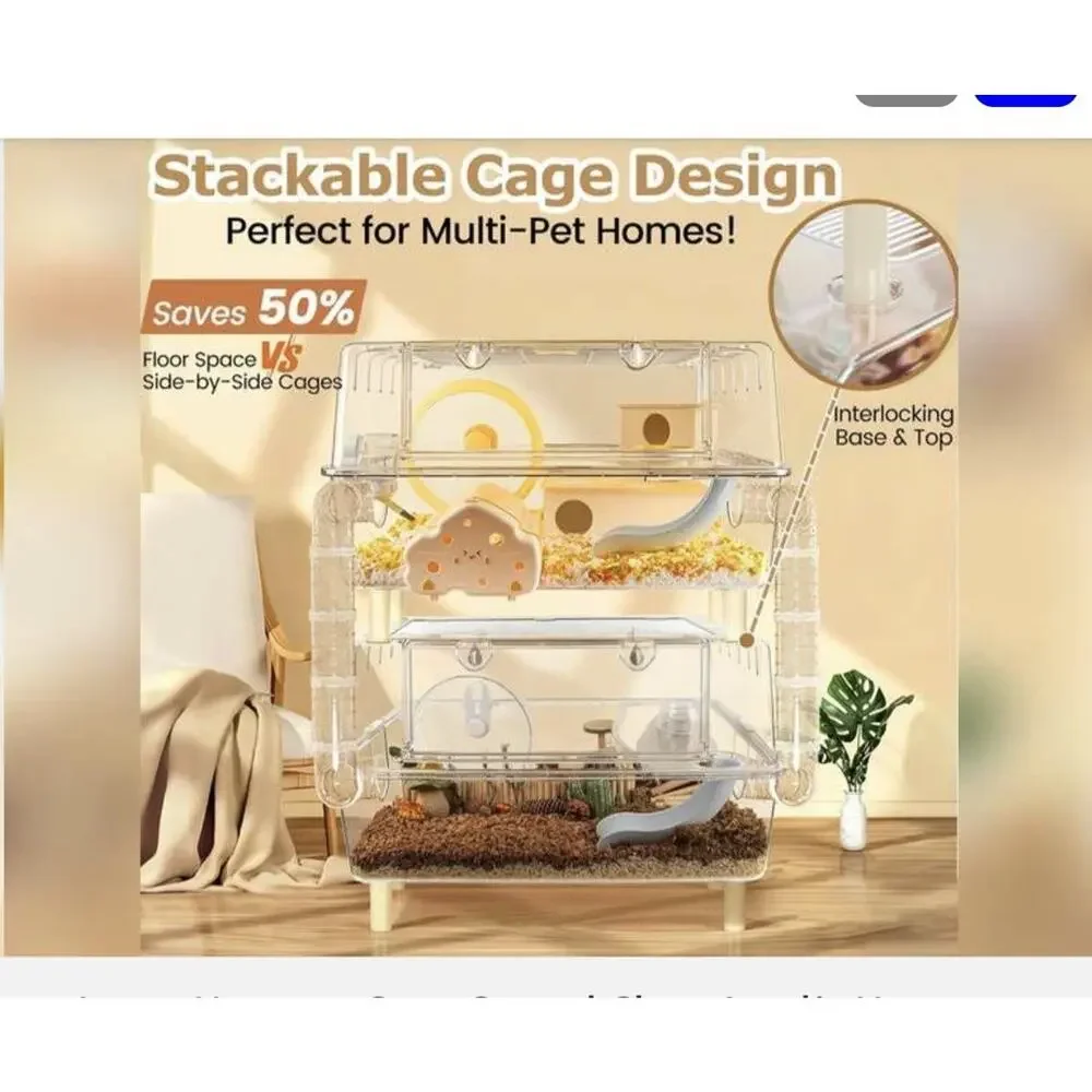 Large Stackable Clear Hamster Cage w/ Wire Top, 2-Tier Plastic/Metal Design